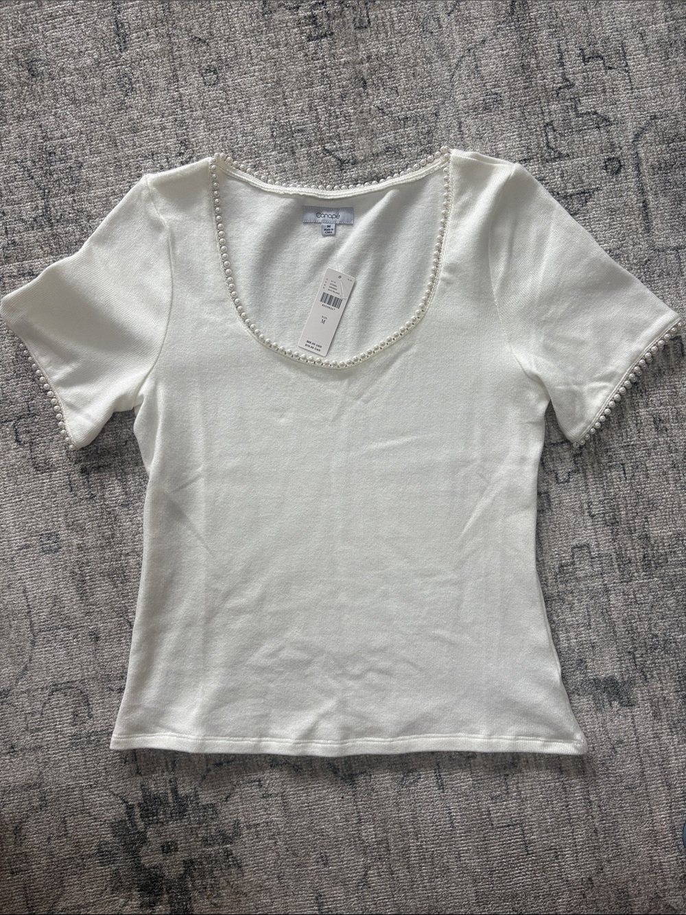 Anthropologie Cream Scoop Neck Tee with Pearl Trim